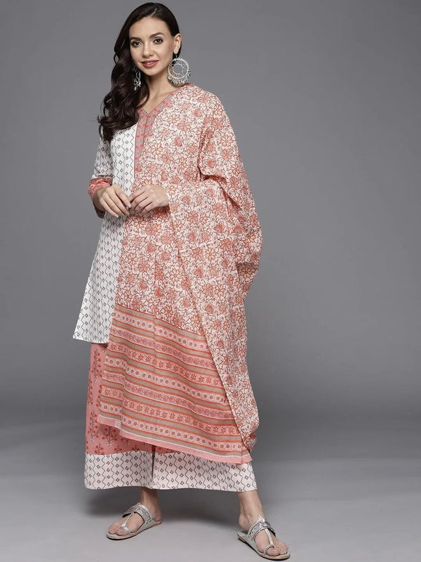 White Printed Cotton Straight Suit Set - Jashvi