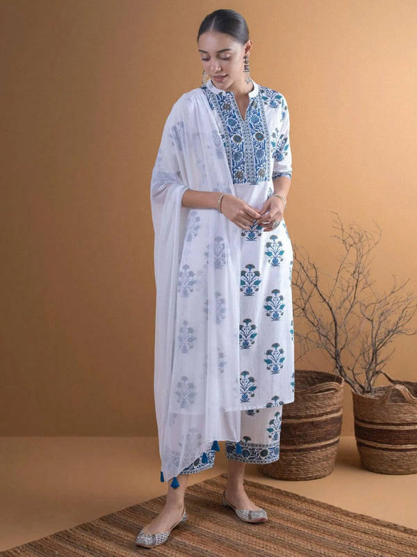 White Printed Cotton Suit Set - Jashvi