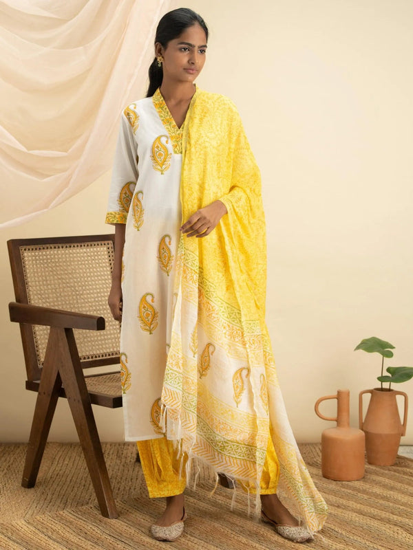 White Printed Cotton Suit Set - Jashvi