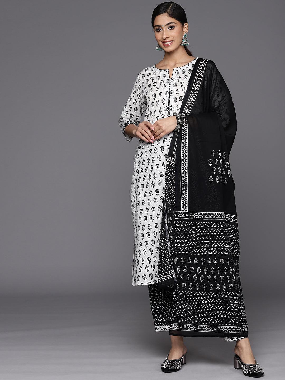 White Printed Cotton Straight Suit Set With Salwar - Jashvi