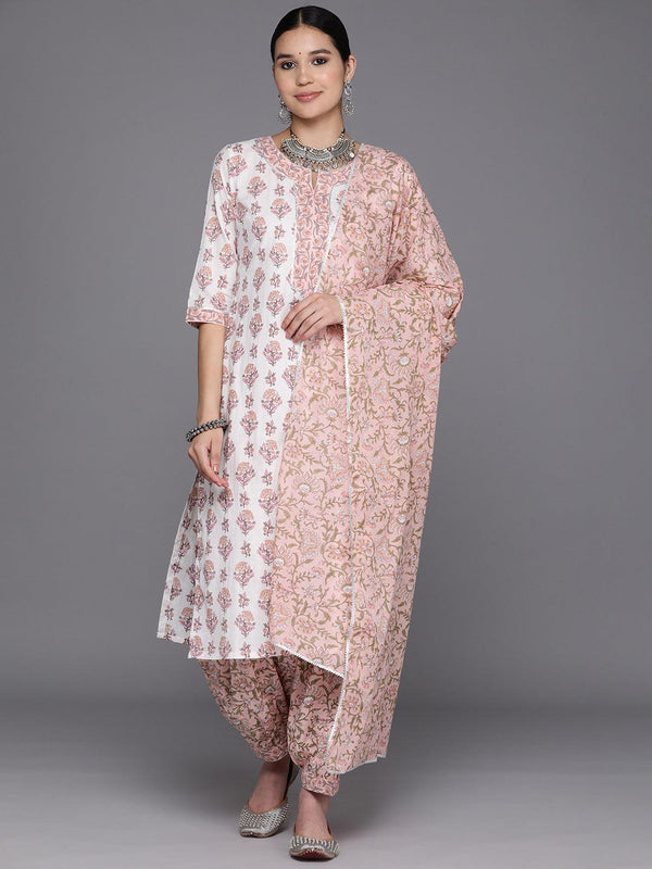 White Printed Cotton Straight Suit Set With Salwar - Jashvi