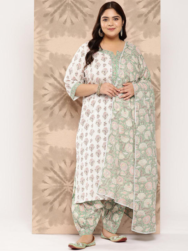 White Printed Cotton Straight Kurta With Salwar and Dupatta - Jashvi