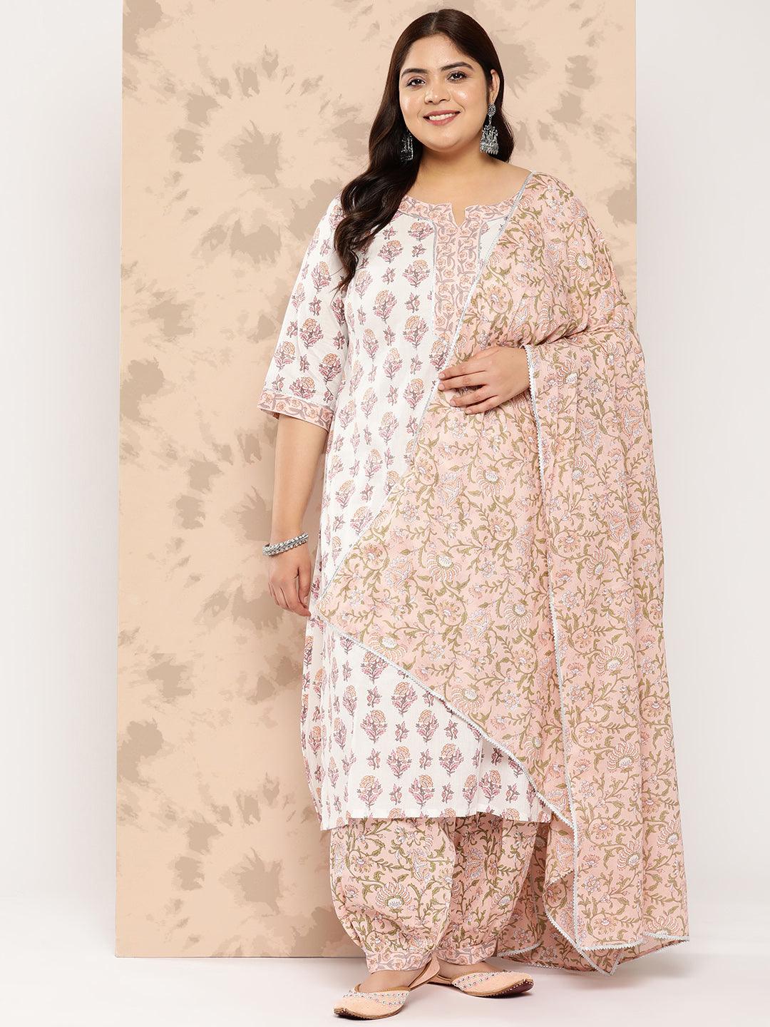 White Printed Cotton Straight Kurta With Salwar and Dupatta - Jashvi