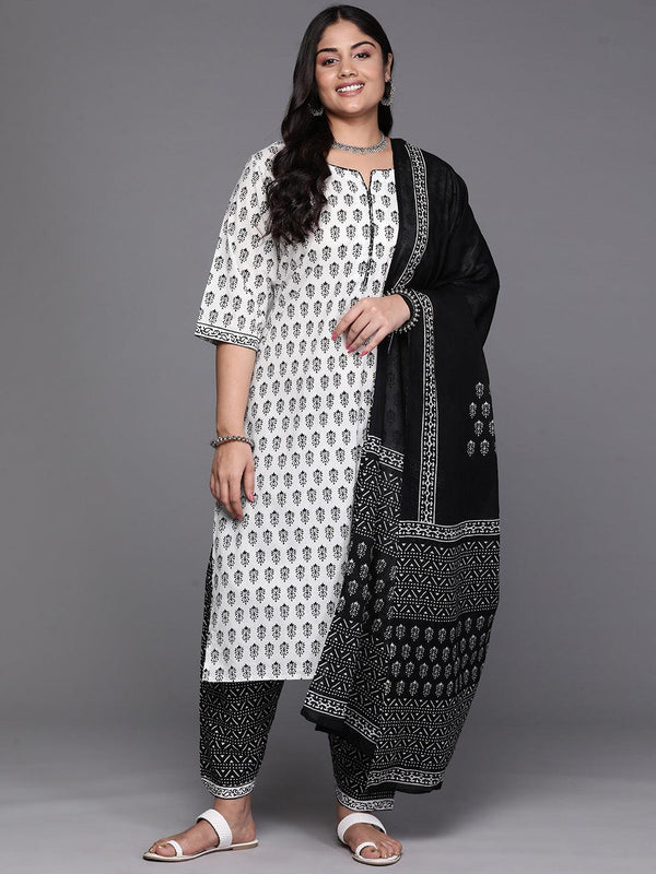 Black Yoke Design Cotton Straight Kurta With Trousers & Dupatta - Jashvi