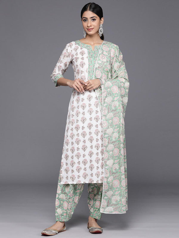 White Printed Cotton Straight Kurta With Salwar & Dupatta - Jashvi