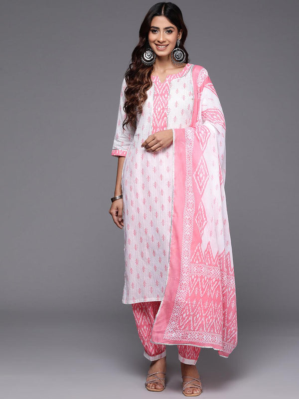 White Printed Cotton Straight Kurta With Salwar & Dupatta - Jashvi