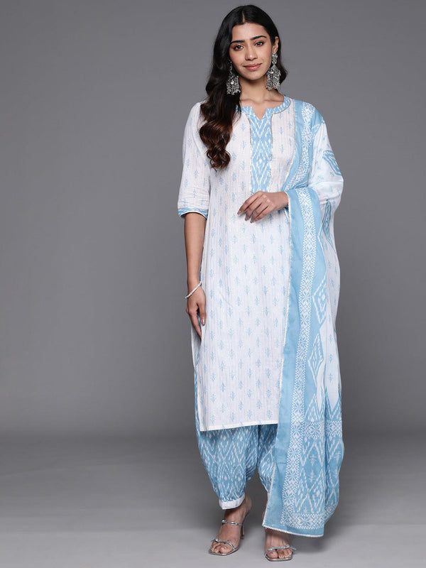 White Printed Cotton Straight Kurta With Salwar & Dupatta - Jashvi