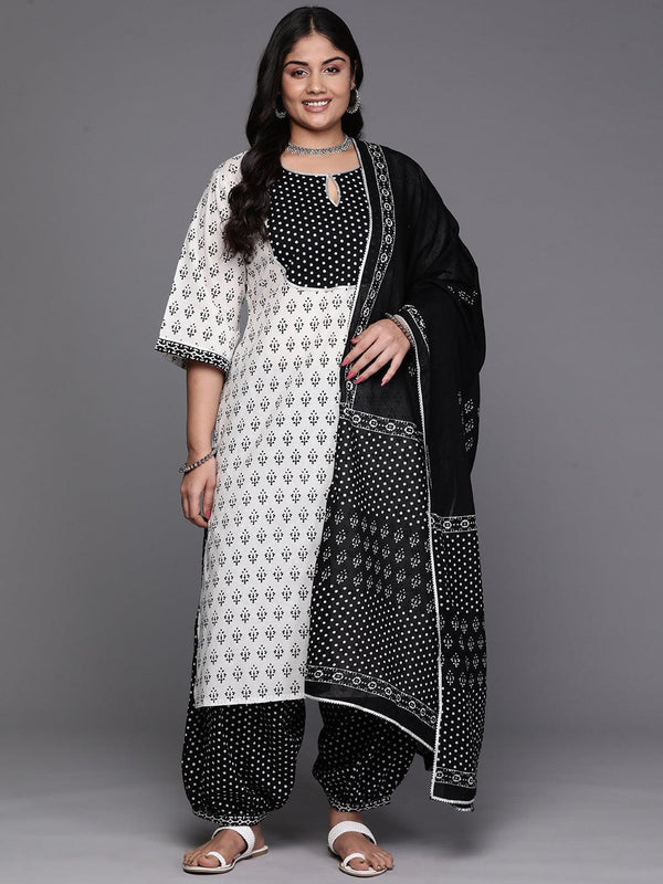 Black Yoke Design Cotton Straight Kurta With Trousers & Dupatta - Jashvi