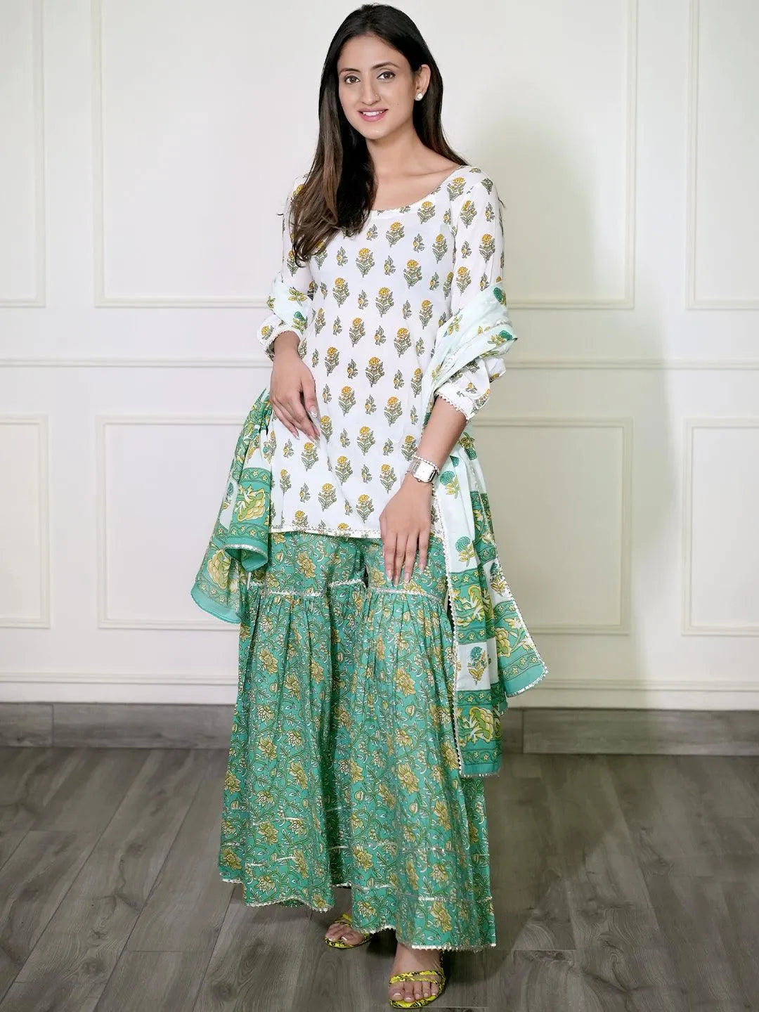 White Printed Cotton Suit Set - Jashvi