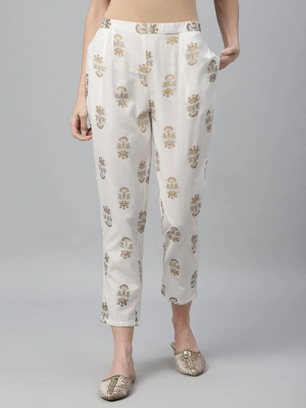 White Printed Cotton Trousers - Jashvi