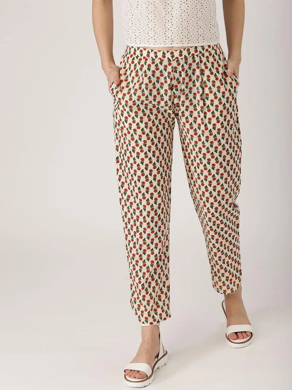 White Printed Cotton Trousers - Jashvi