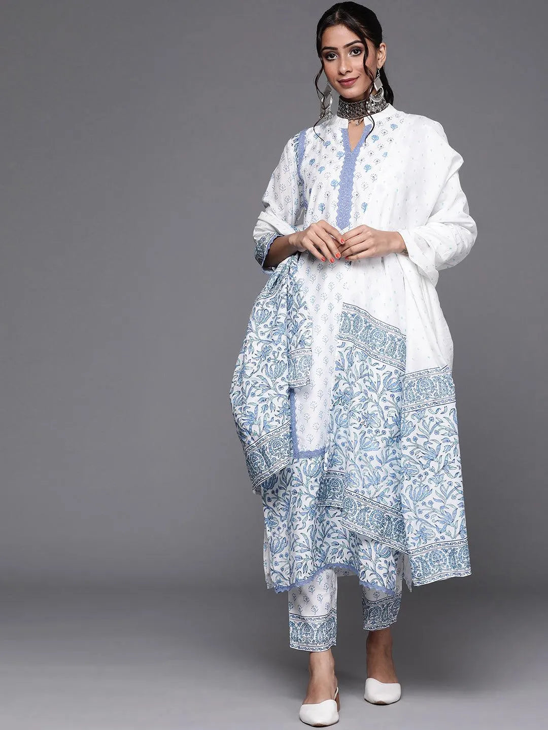 White Printed Silk Suit Set - Jashvi