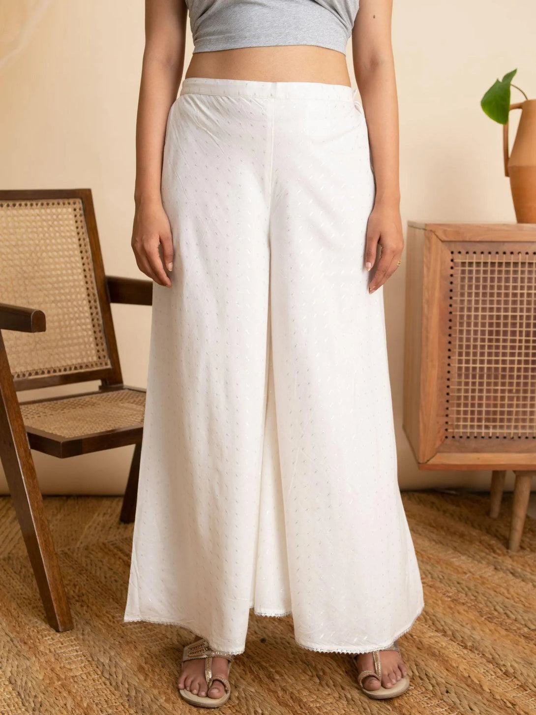 White Self Design Cotton Palazzos - Jashvi