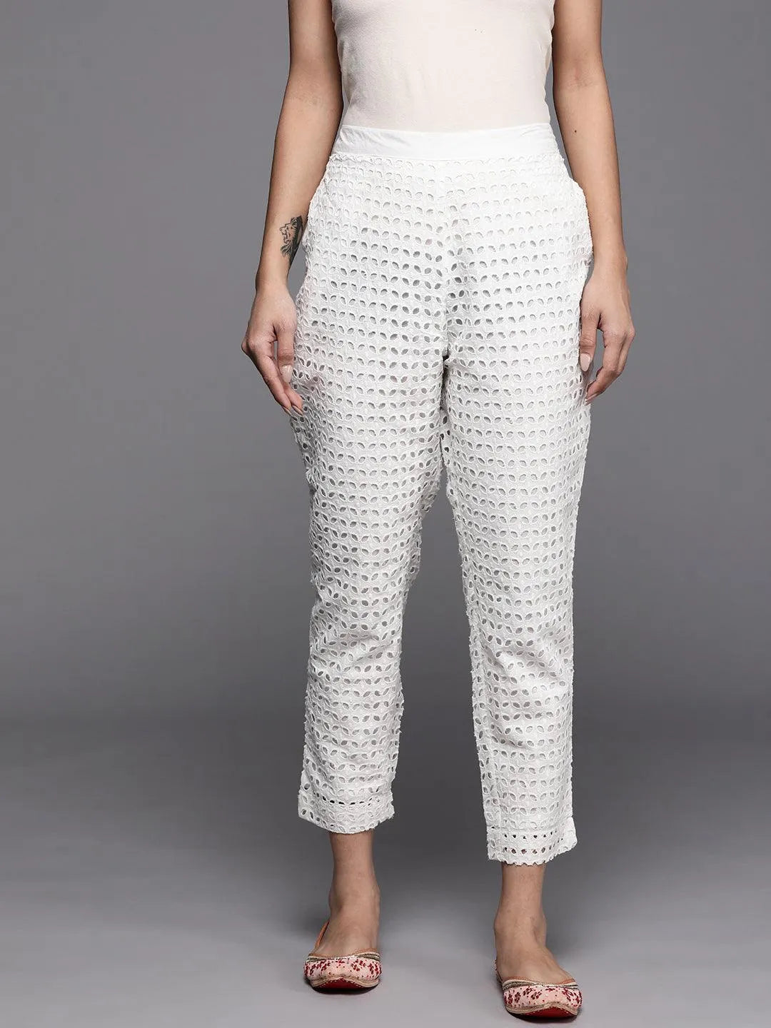 White Self Design Cotton Trousers - Jashvi