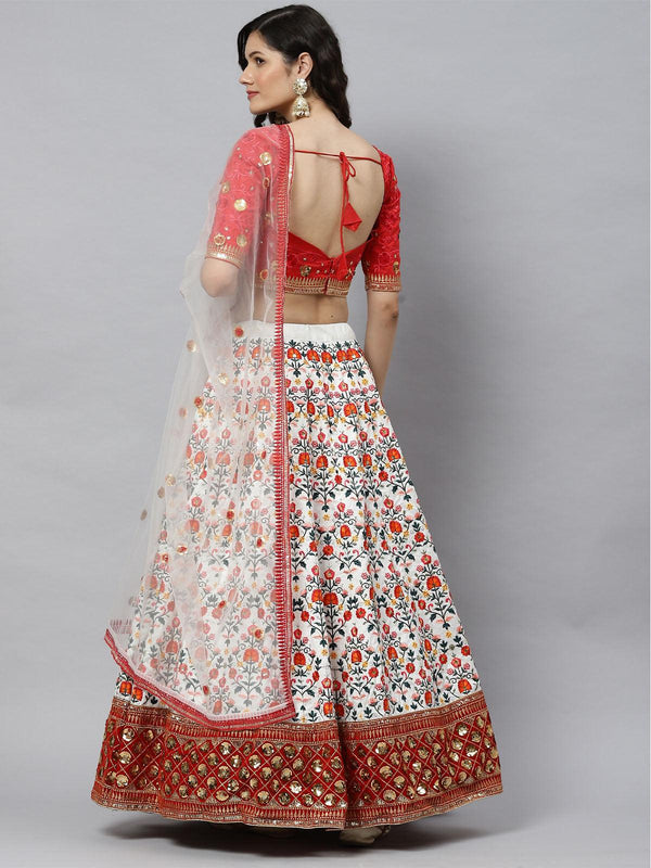 Women's White Silk Embroidered Lehenga Choli Set - Odette