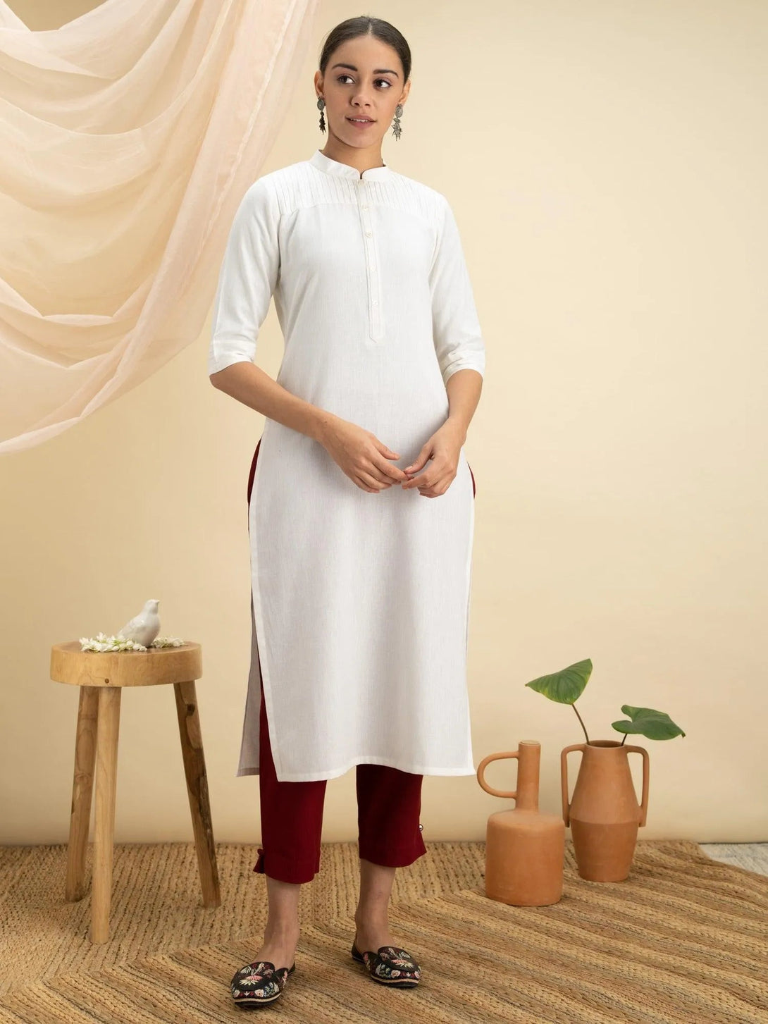 White Solid Cotton Kurta - Jashvi