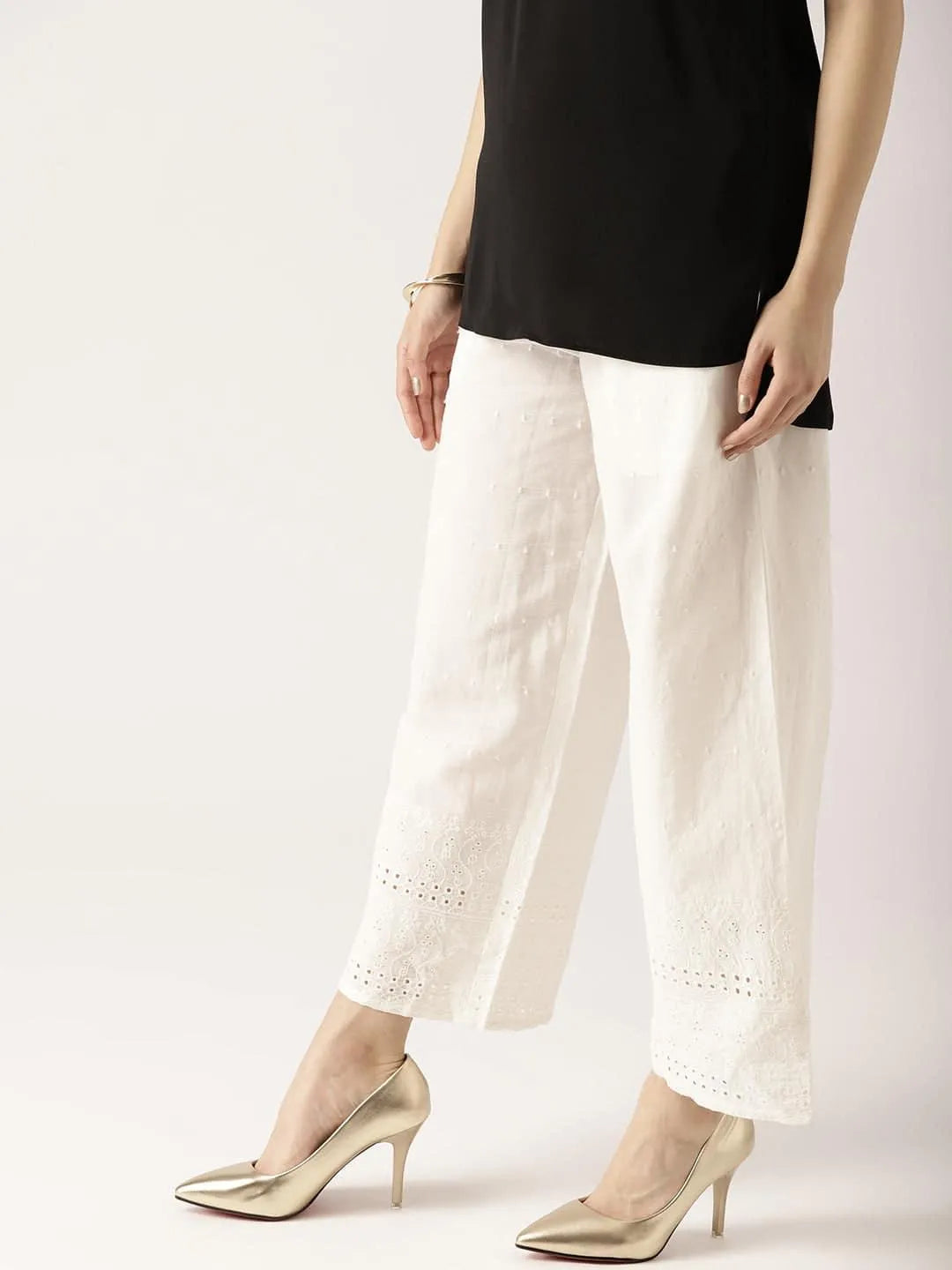 White Solid Cotton Palazzos - Jashvi