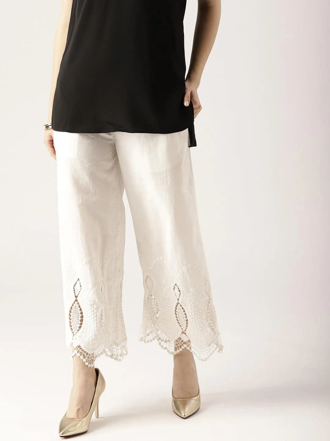 White Solid Cotton Palazzos - Jashvi