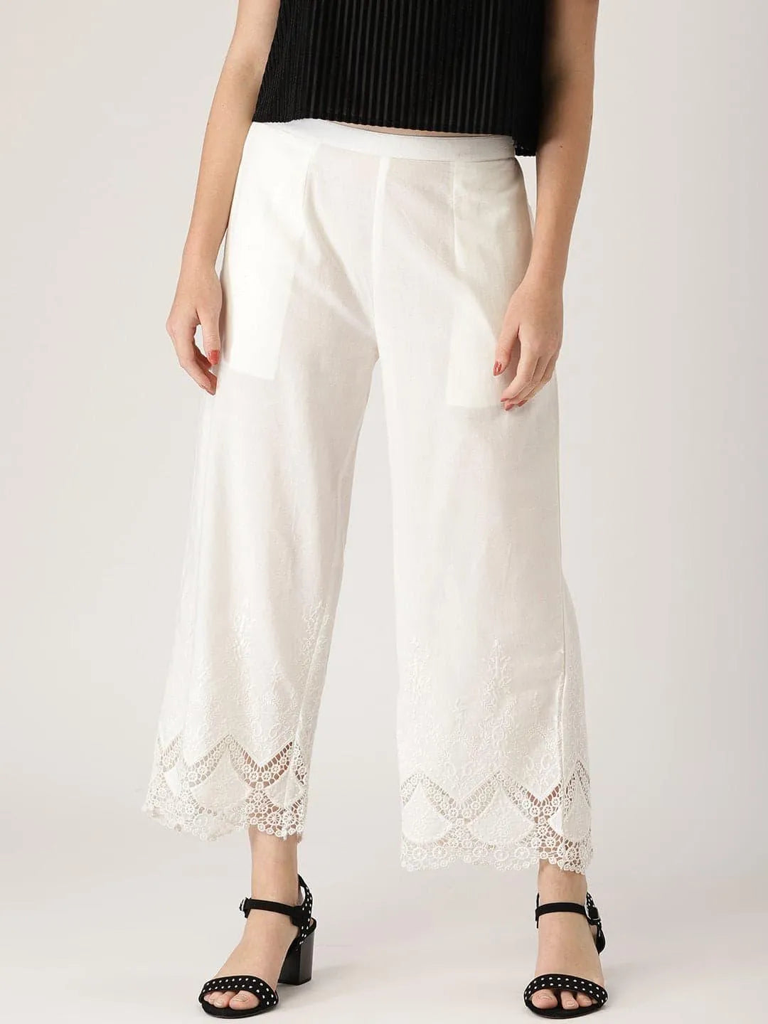 White Solid Cotton Palazzos - Jashvi