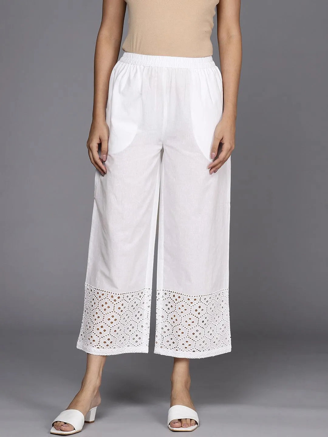 White Solid Cotton Palazzos - Jashvi