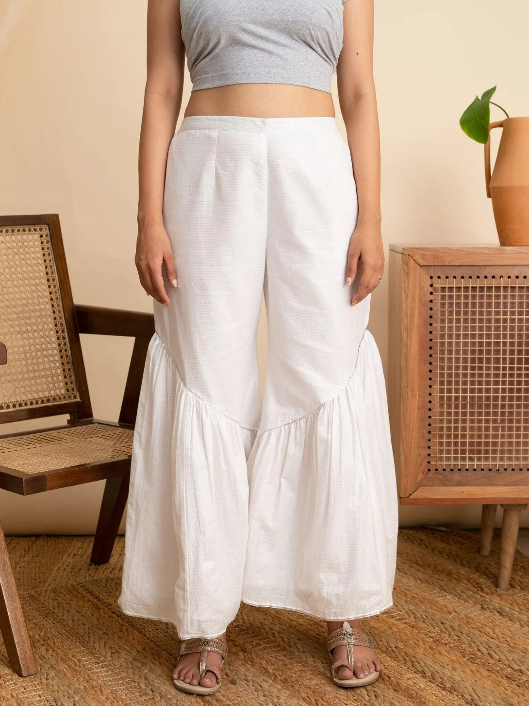 White Solid Cotton Sharara Pants - Jashvi