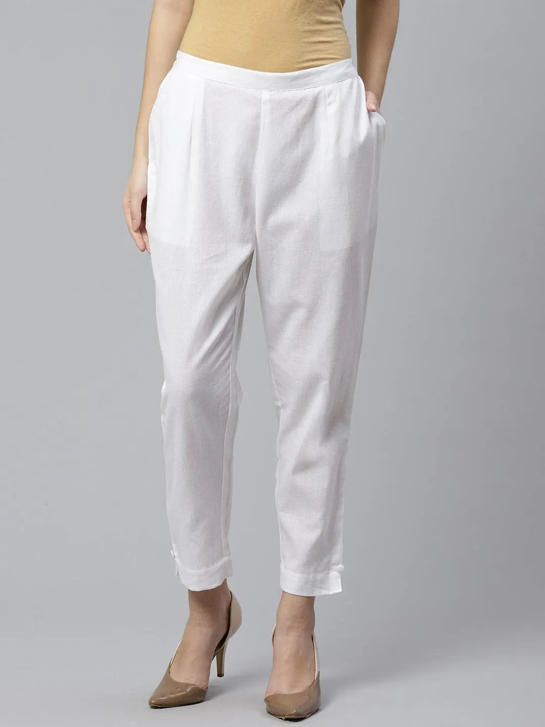 White Solid Cotton Trousers - Jashvi