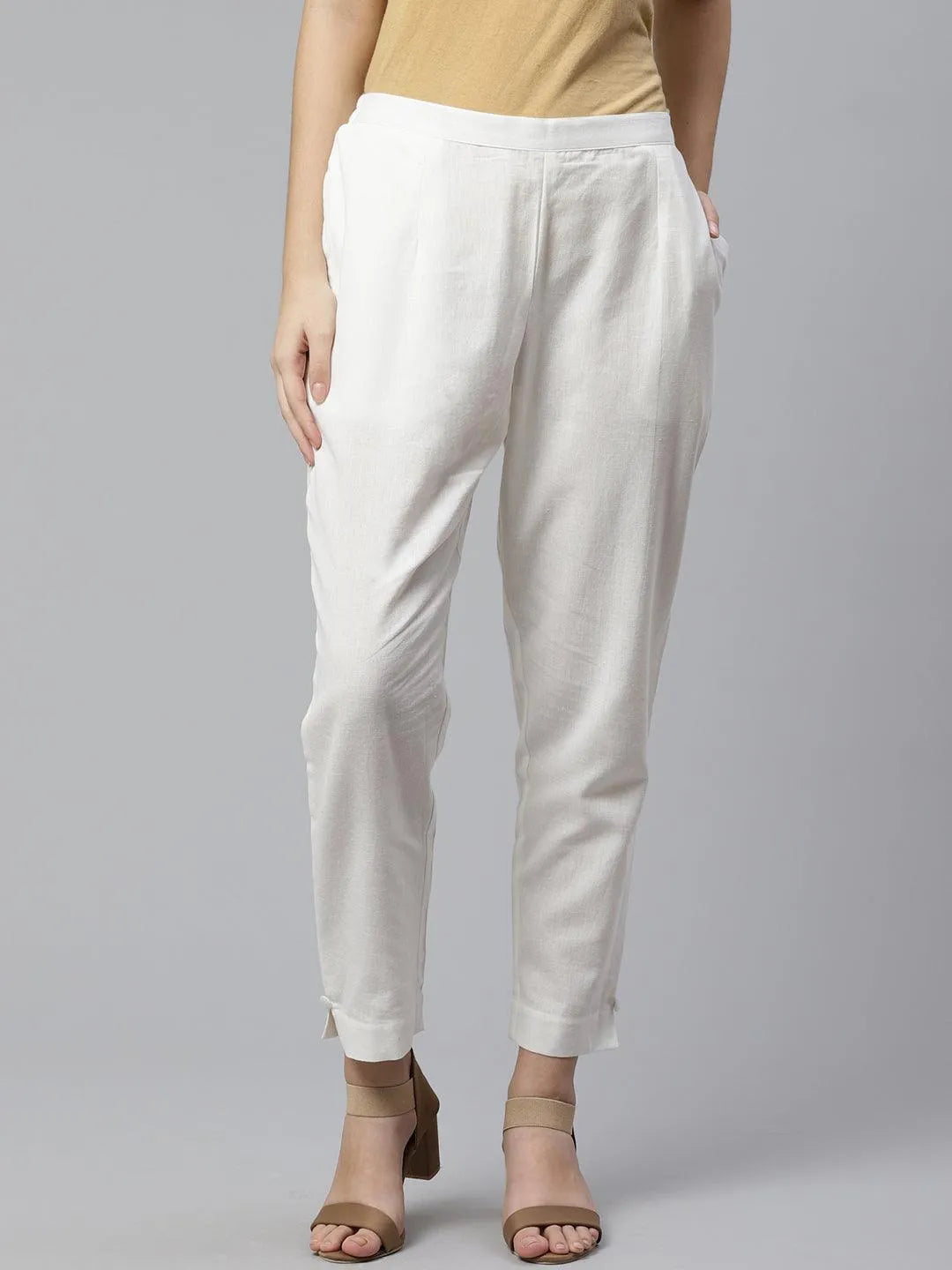 White Solid Cotton Trousers - Jashvi