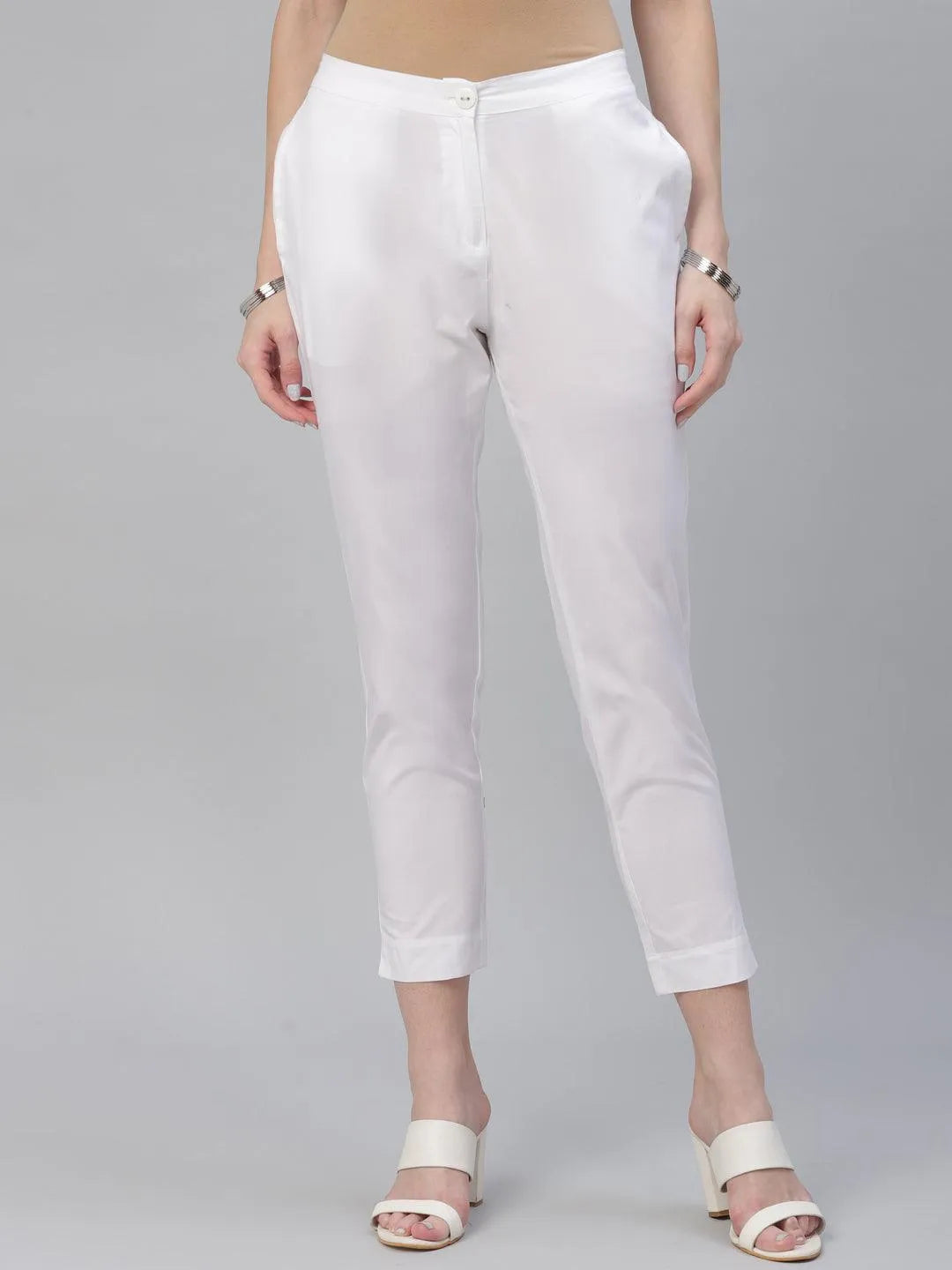 White Solid Cotton Trousers - Jashvi