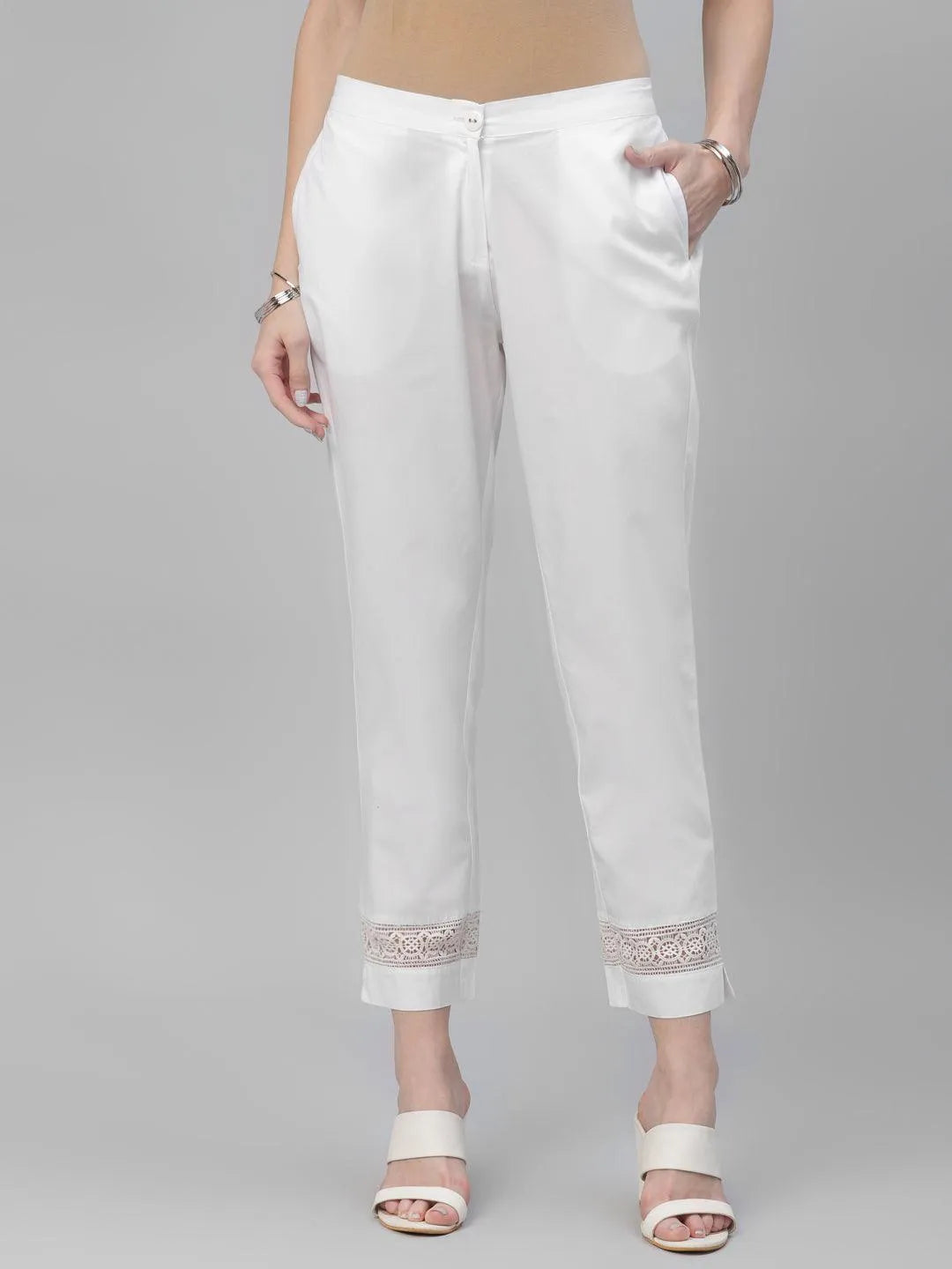 White Solid Cotton Trousers - Jashvi