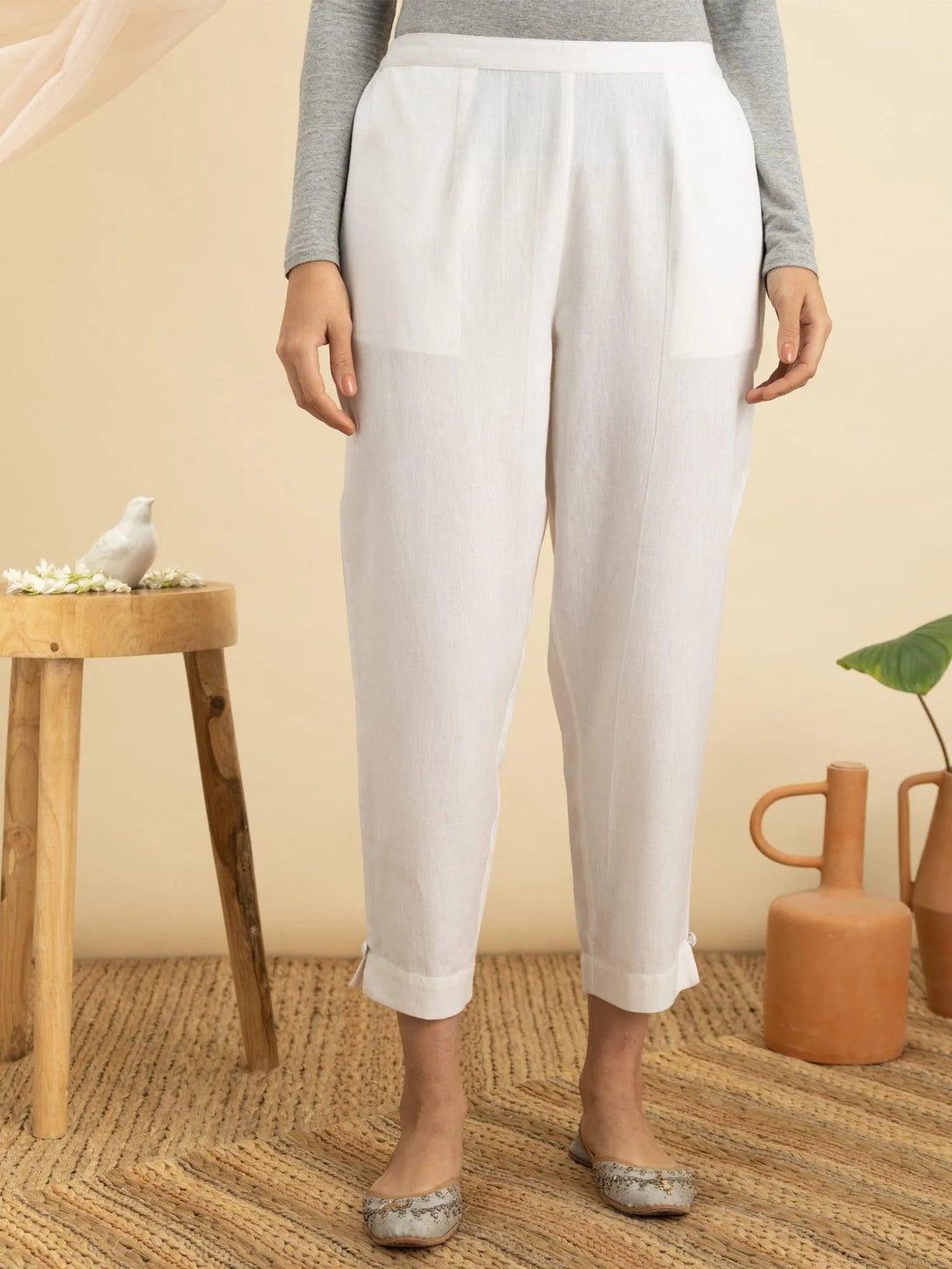 White Solid Cotton Trousers - Jashvi