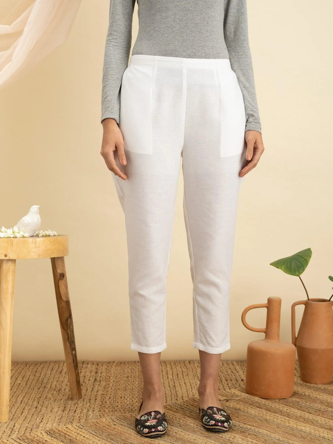 White Solid Cotton Trousers - Jashvi