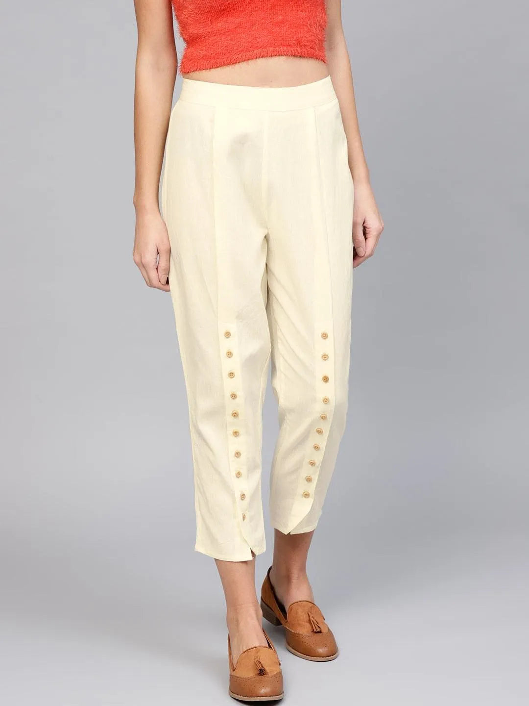 White Solid Cotton Trousers - Jashvi