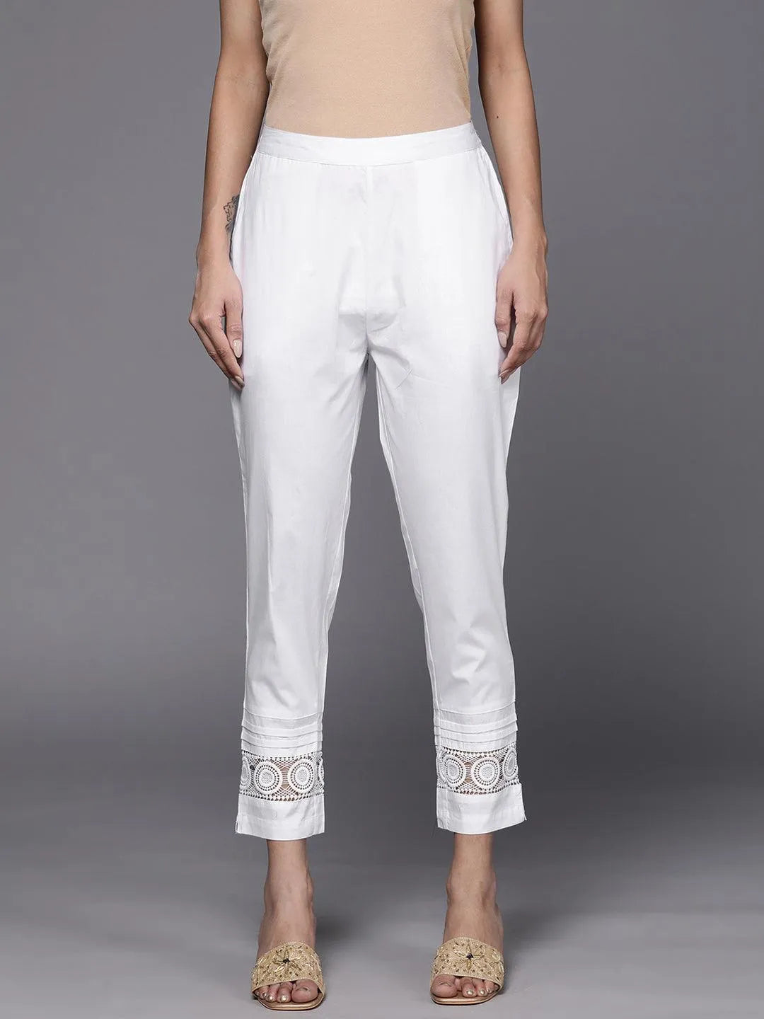 White Solid Cotton Trousers - Jashvi