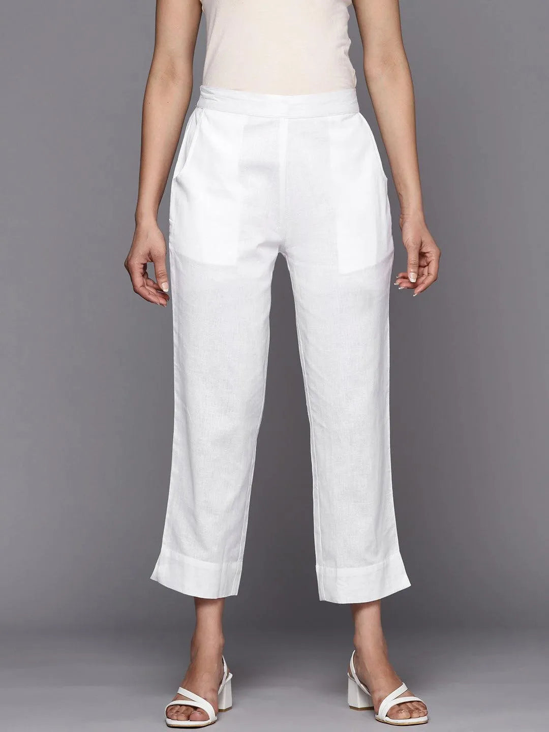 White Solid Cotton Trousers - Jashvi