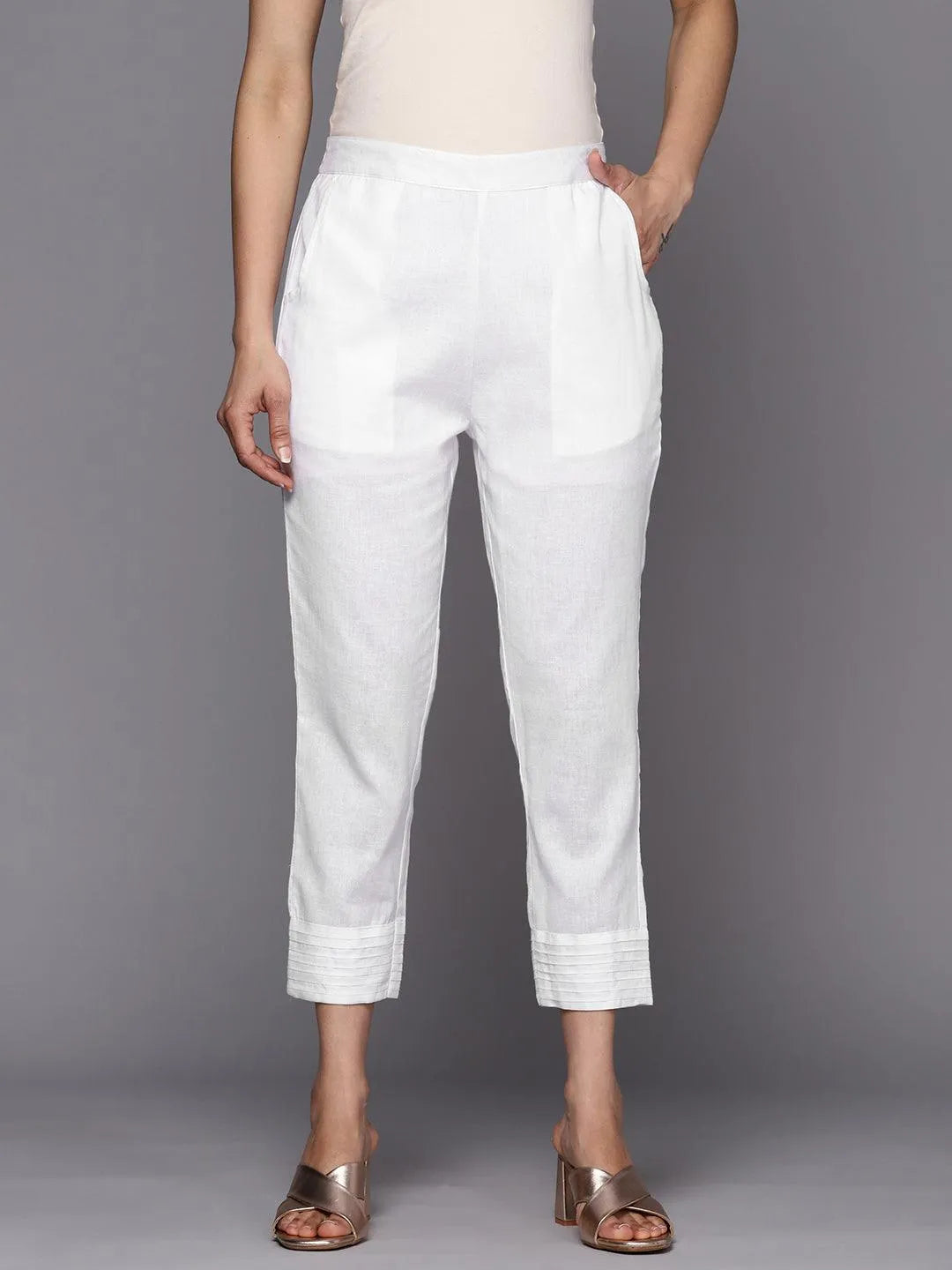 White Solid Cotton Trousers - Jashvi