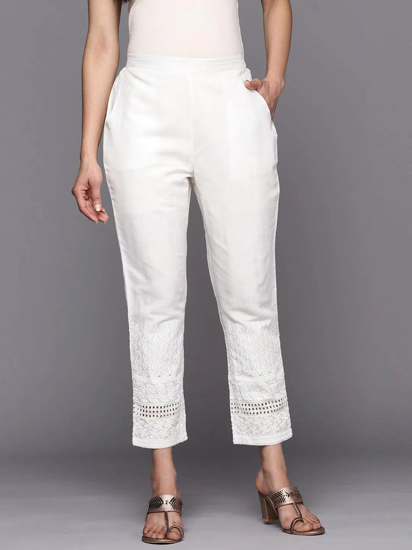 White Solid Cotton Trousers - Jashvi