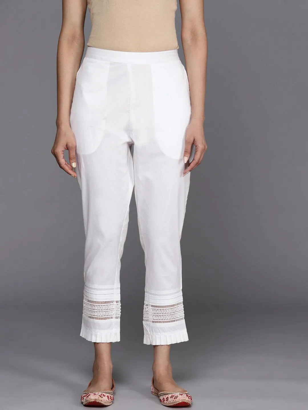 White Solid Cotton Trousers - Jashvi