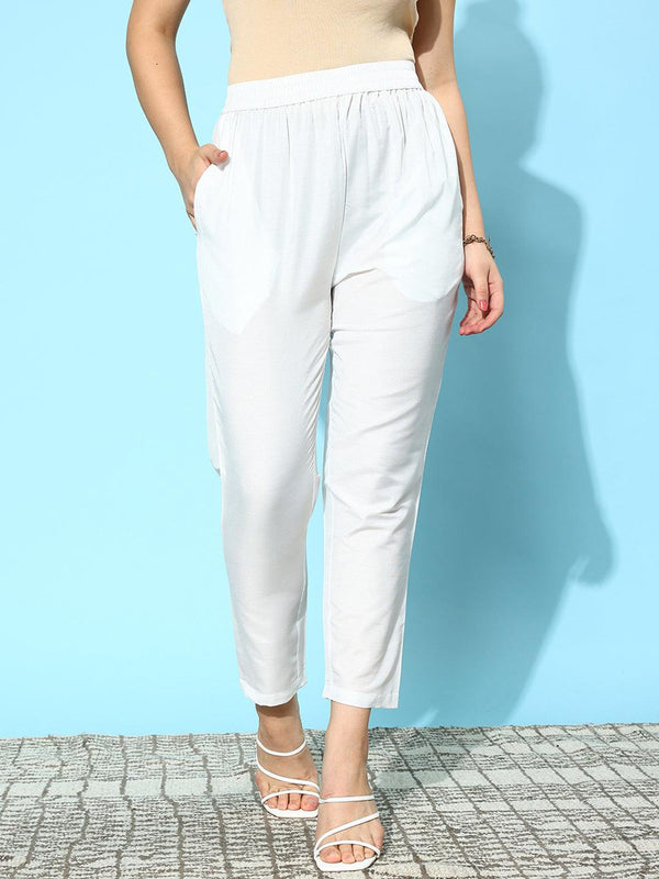 White Solid Silk Trousers