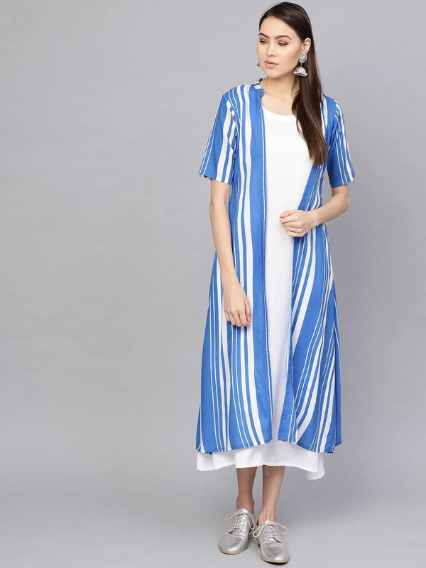 White Striped Cotton Dress With Jacket - Jashvi