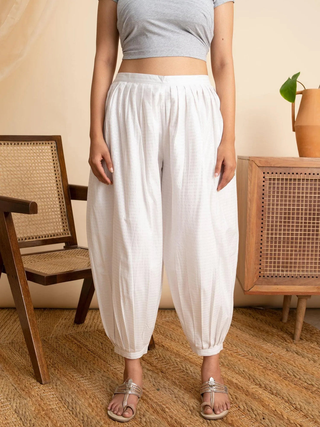 White Striped Cotton Salwar Pants - Jashvi