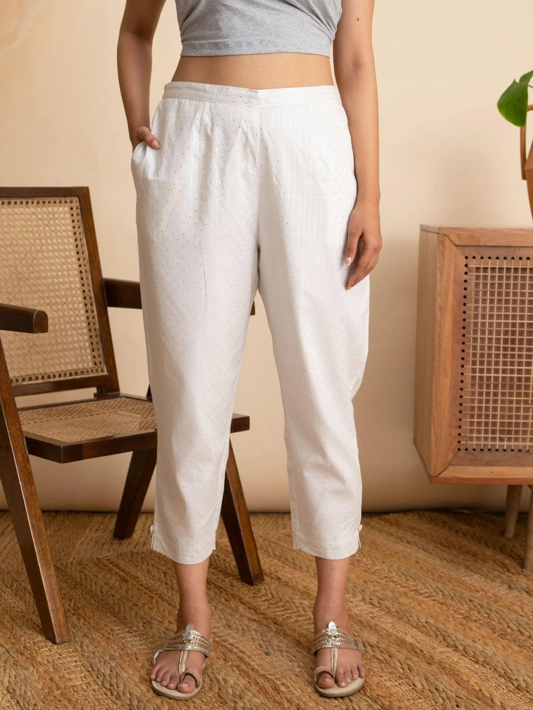 White Striped Cotton Trousers - Jashvi