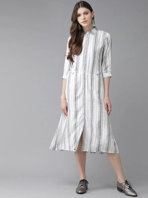 White Striped Rayon Dress - Jashvi