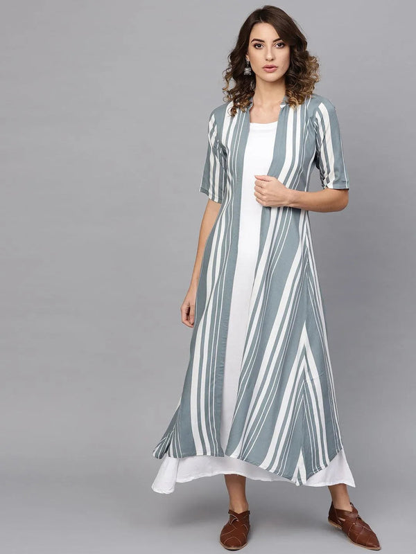 White Striped Rayon Dress With Jacket - Jashvi