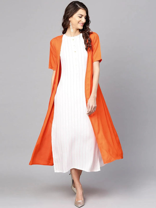 White Striped Rayon Dress With Jacket - Jashvi