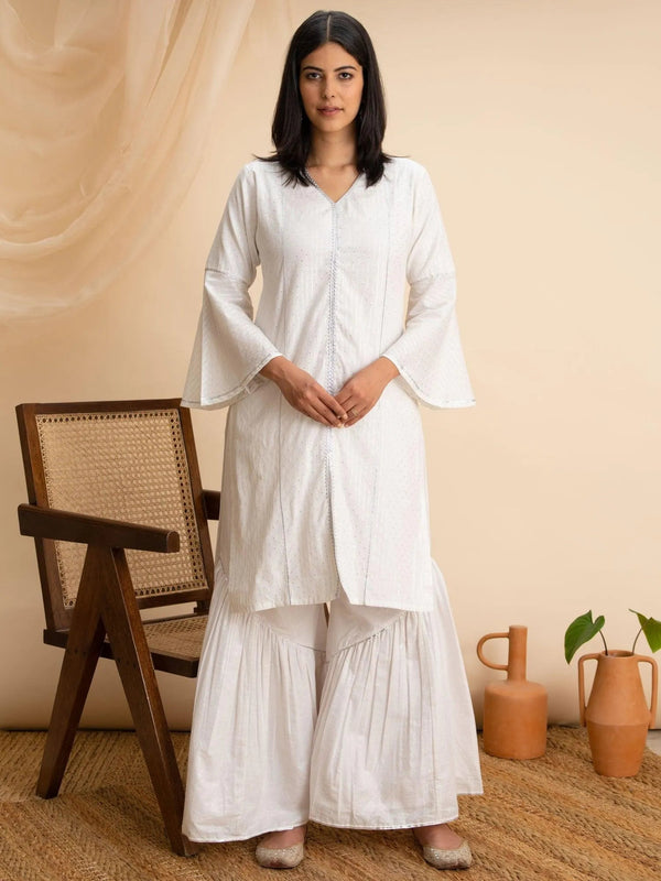 White Woven Design Cotton Kurta - Jashvi