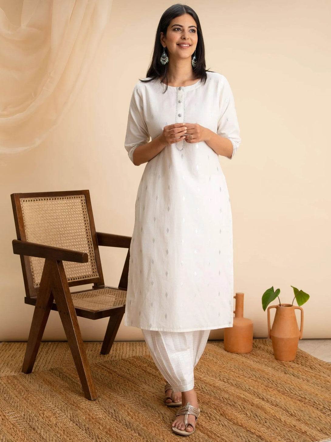 White Woven Design Cotton Kurta - Jashvi