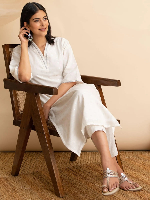 White Woven Design Cotton Kurta - Jashvi