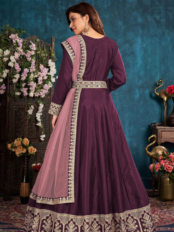 Women's Wine Art Silk Designer Heavy Embroidery Anarkali Set - Odette