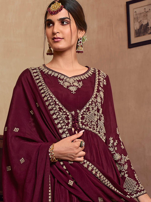 Women's Wine Chinon Chiffon Kurta Set - Odette