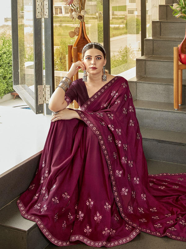 Women's Wine Designer Thread Embroidered Saree - Odette